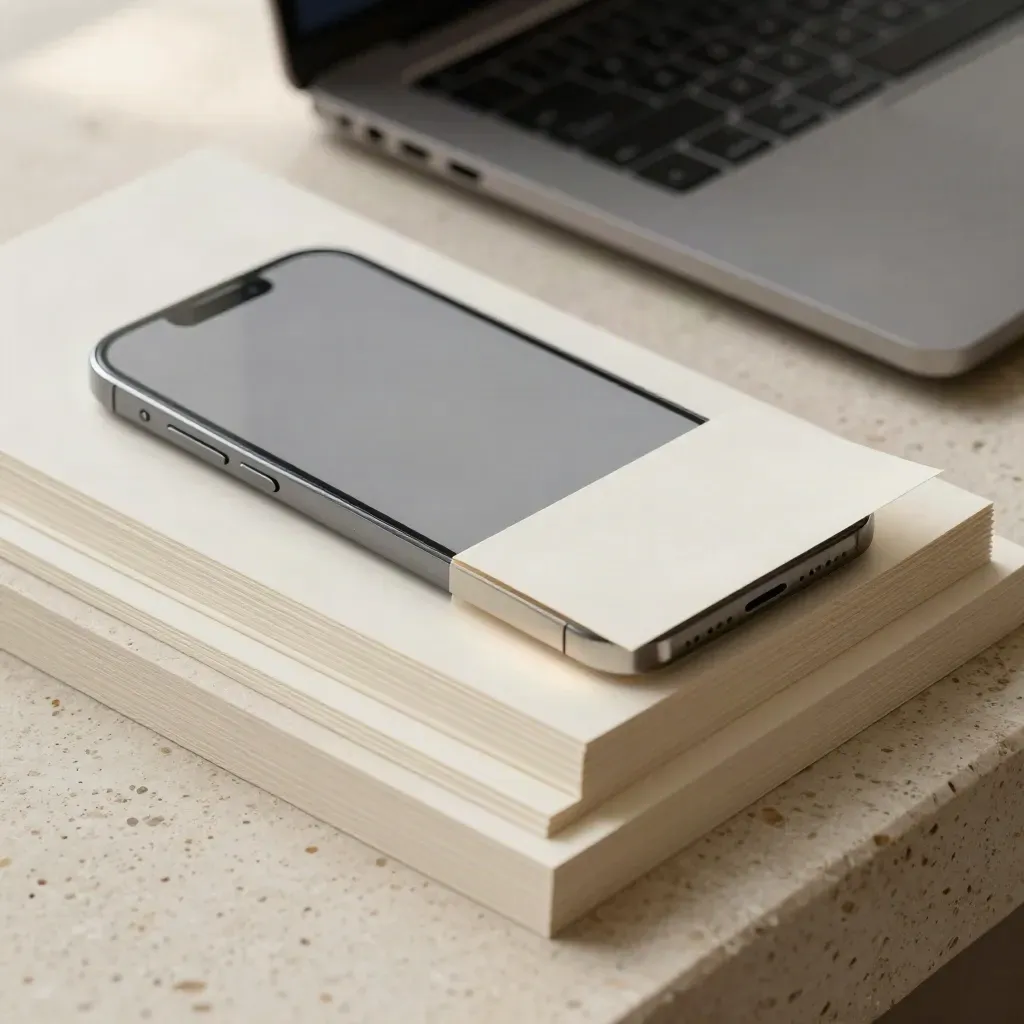 Laptop chiuso, telefono capovolto e tessere di pagina allineate per un sito vetrina.