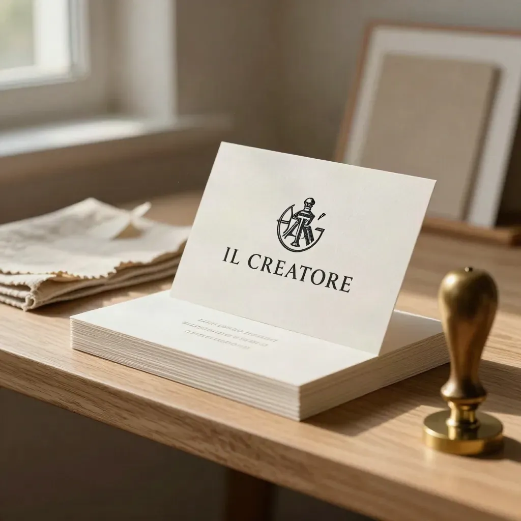 Carta monogramma in rilievo con campioni di carta e lino su legno chiaro