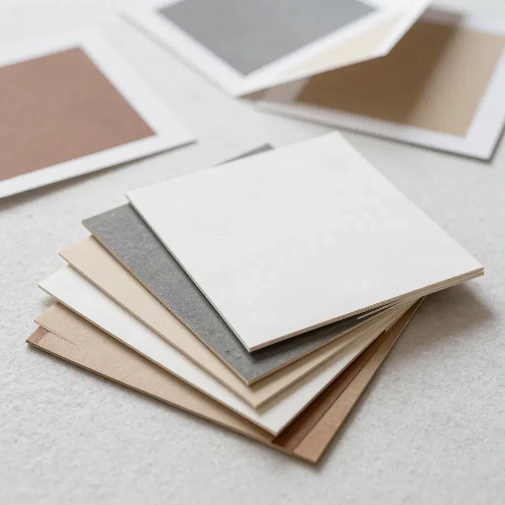 Flat lay di card, strip verticali e blocchi colore per grafica social su tavolo caldo.