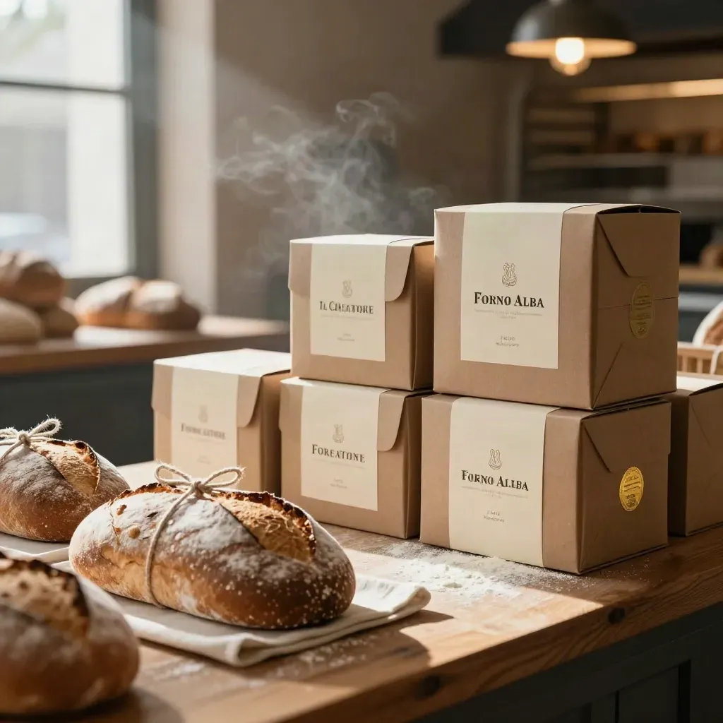 Banco di panetteria con scatole kraft, etichette crema e pagnotte avvolte in luce calda.