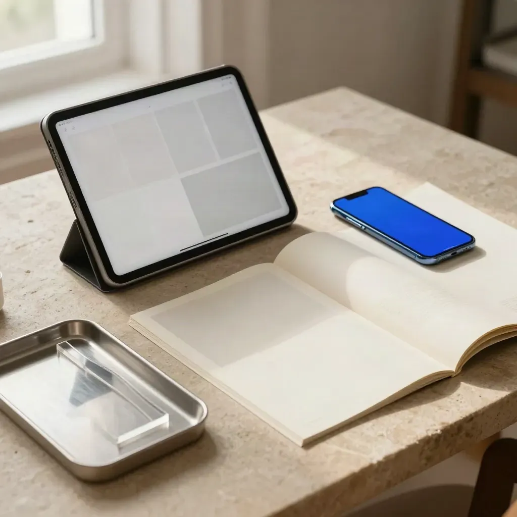 Tablet su supporto, mockup sito e telefono in studio, luce petrolio e riflessi sulla carta.