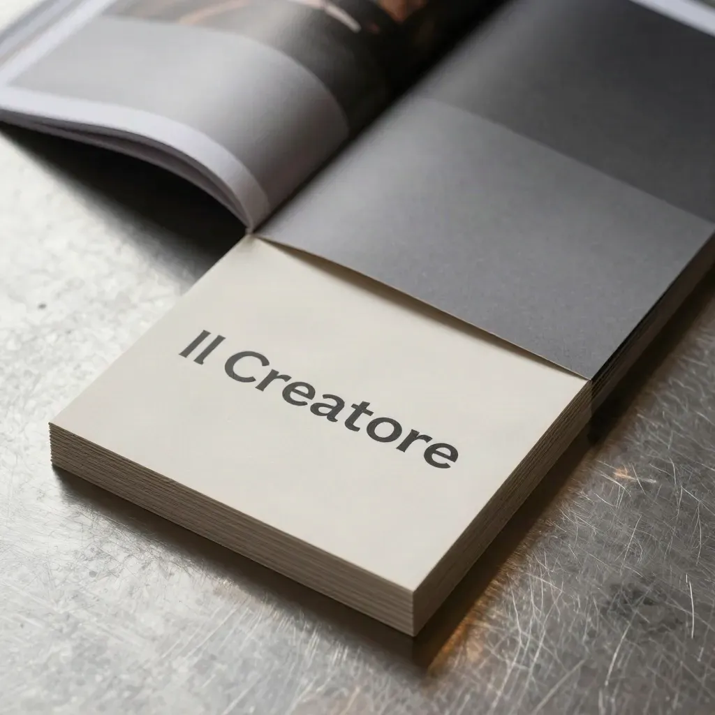 Kit di lancio con card, tile social e buste piegate su superficie pewter.