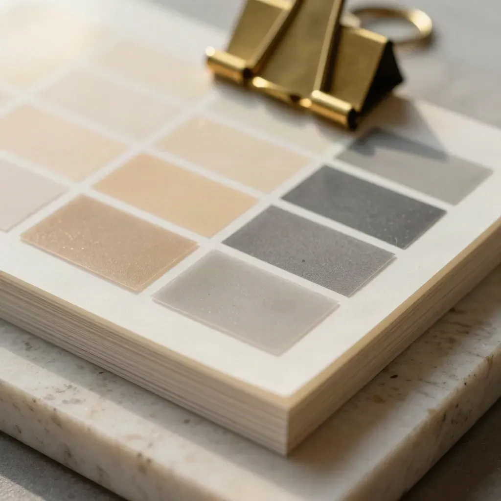 Overlay acetati, campioni colore e morsetto in ottone su lastra di travertino