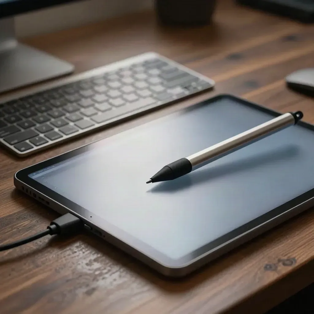 Stylus, tavoletta grafica e tastiera compatta su banco scuro, luce drammatica