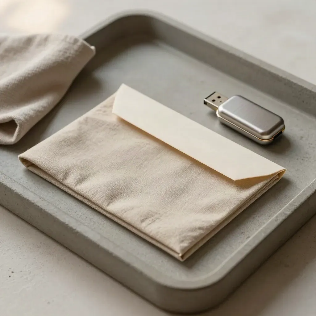 Sleeve in lino, busta sigillata e case USB su vassoio di cemento