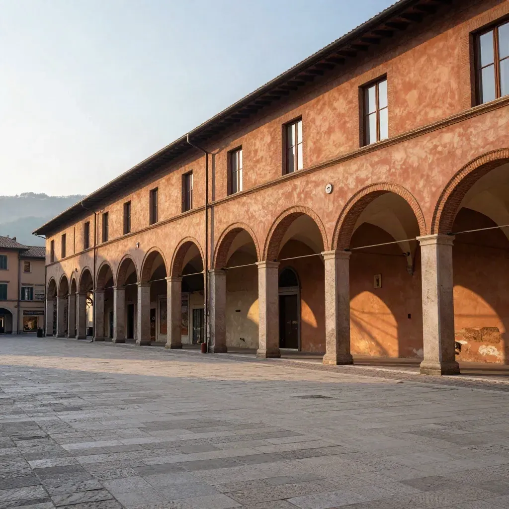 Arcate in terracotta a Bologna al tramonto con colline lontane e piazza silenziosa.