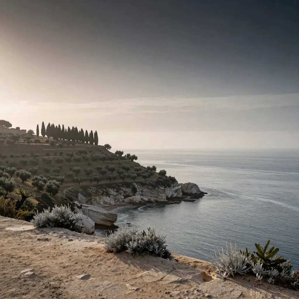 Costa italiana con cipressi, ulivi e mare a strati nella luce dorata del mattino.